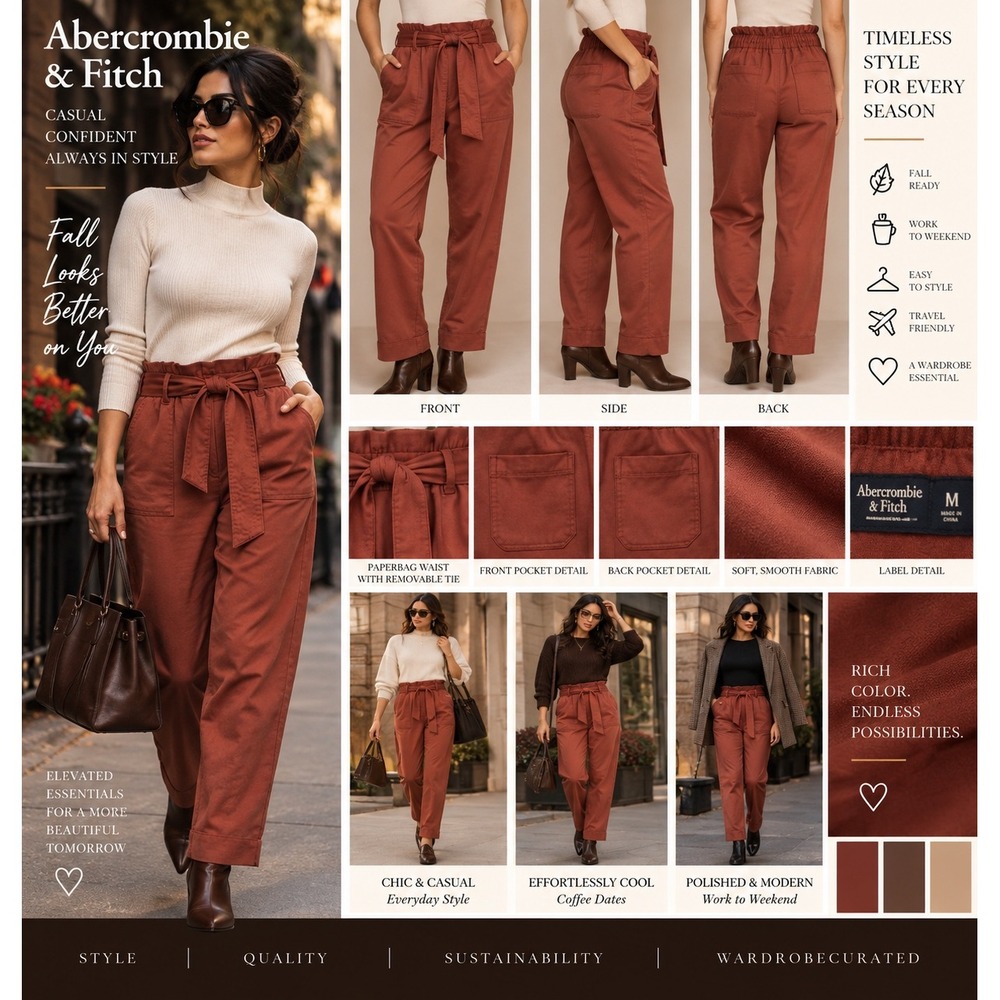 Abercrombie & Fitch Rust Paperbag Pants Terracotta High Waist Belted Trousers M
